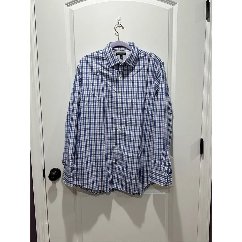 Banana Republic No Iron Slim Fit Blue and Purple Plaid Button Down Size Large